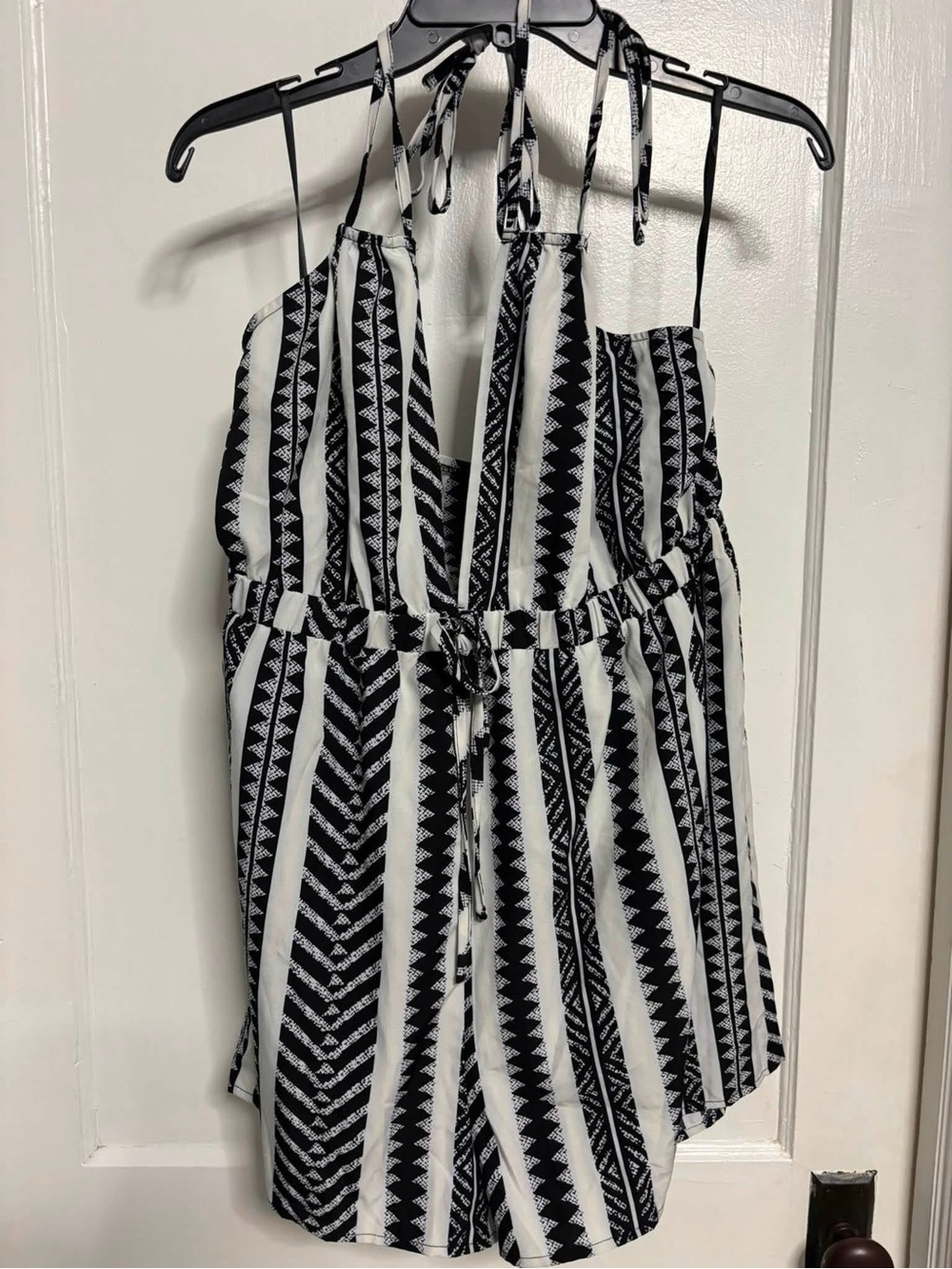 SHEIN Black and White Tribal Stripe Halter Romper One-Piece